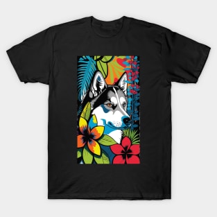 Husky Dog Vibrant Tropical Flower Tall Retro Vintage Digital Pop Art Portrait 3 T-Shirt